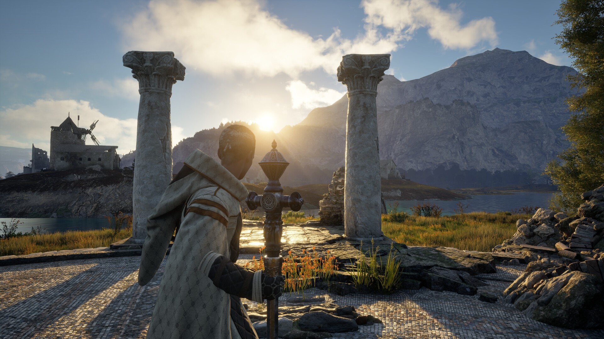 Pax Dei — in-game screenshot, character overlooking a valley at sunset